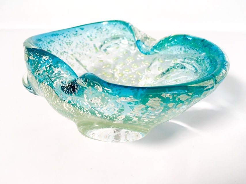Vintage Clear Art Glass Dish w/ Blue Trim & Metallic ...