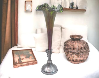Art Deco Iridescent Trumpet Vase in Silver Plate Holder Van BERGH Co - Vintage Purple Green Black Art Glass Home Decor