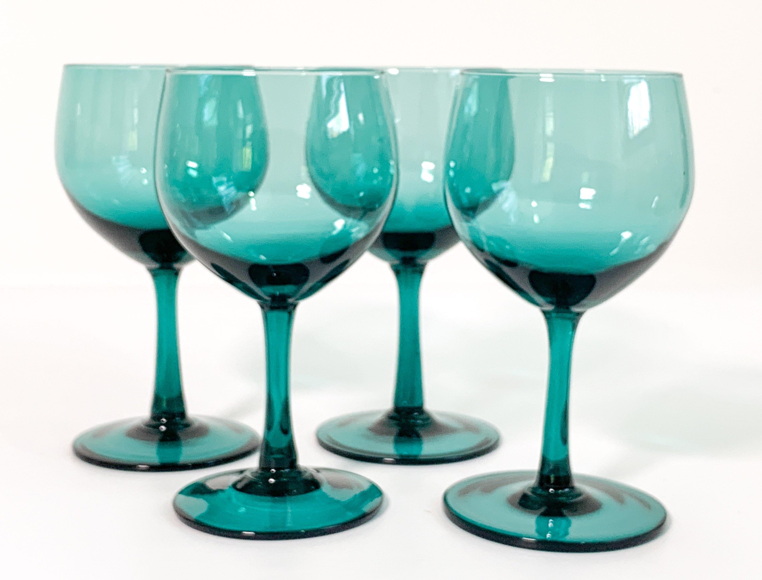 Vintage Aqua Green Wine Glasses Set of 4 Teal Green Hand Blown Wine