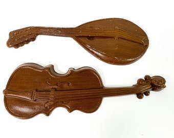 Vintage LARGE Pr Metal Musical Instrument Royal Wall Hangings - 2 Retro Mid century Mid Home Decor Violin & Mandolin