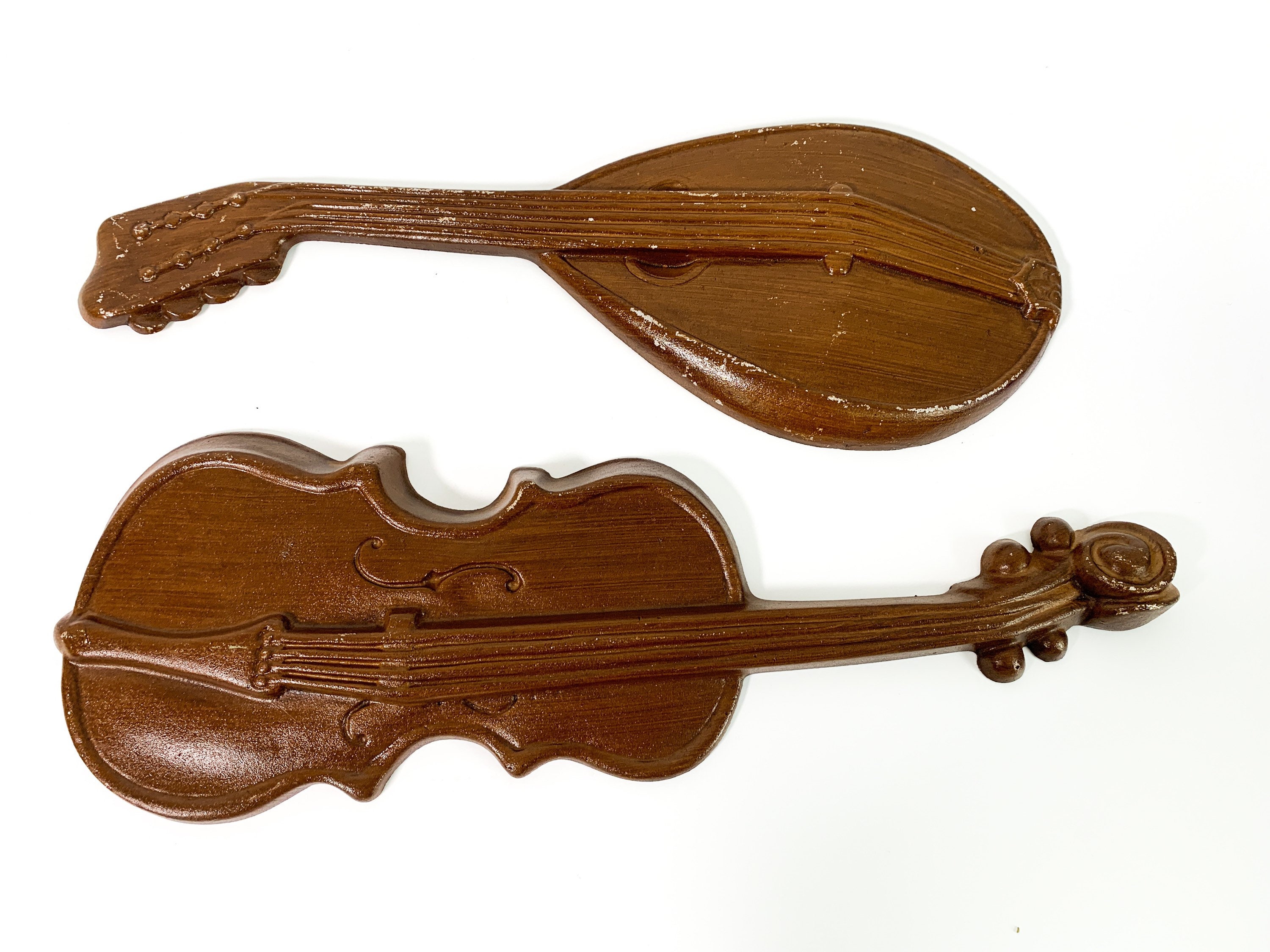 Vintage LARGE Pr Metal Musical Instrument Wall Hangings - 2 Retro Mid century Mid Home Decor Violin & Mandolin