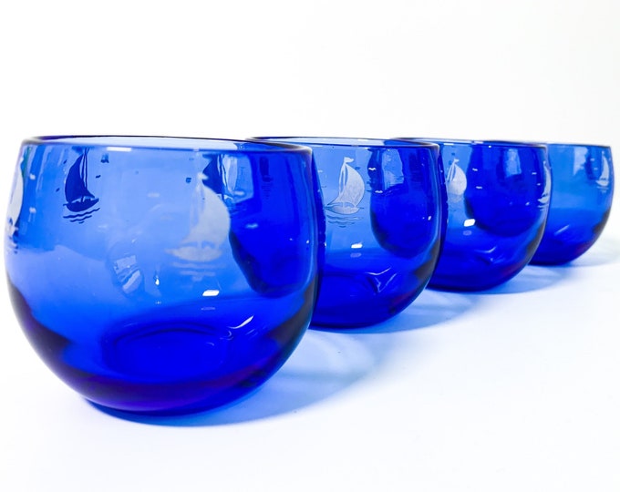 Retro 4 Ships Blue w/ White by Hazel Atlas Ca 1935 - Roly Poly Mad Men Small Drinking Glasses - Vintage Set Four - Early Mid century Mod