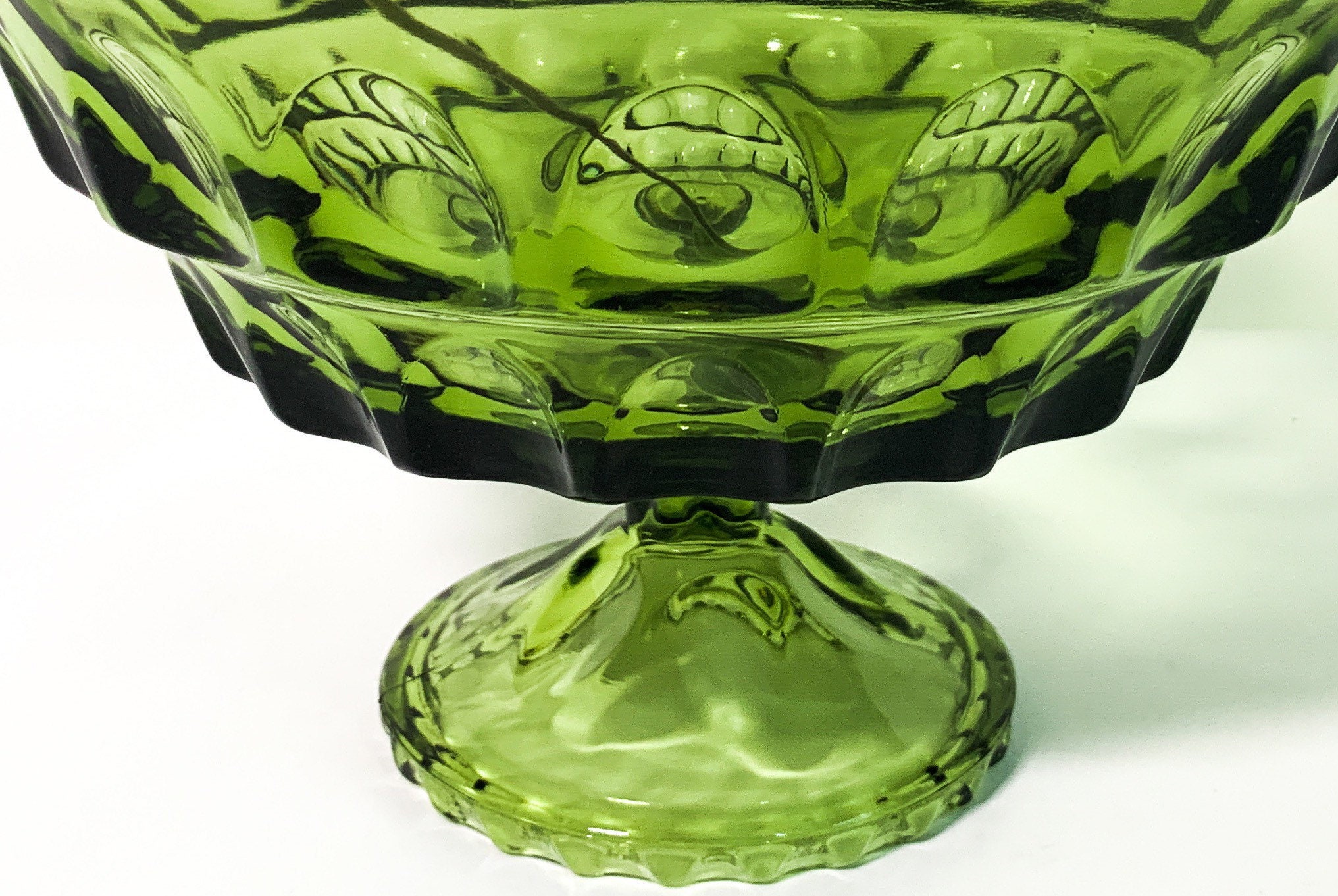 Vintage Green Pedestal Bowl w/ Thumbprint Impressions Retro Fruit
