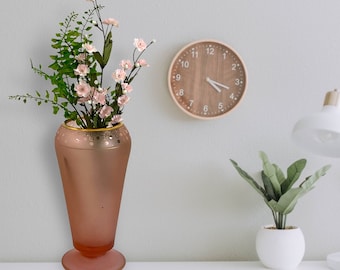 Vintage Pink Satin Glass Vase w/ Gold Accent Lies & Dots Trim - Depression Era Home Decor Wide