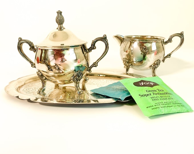 Vintage Silver plate Sugar Creamer & Tray Set - Retro 4 Piece Set w/ Ornate Handles Etched Oval Tray Serving Entertaining