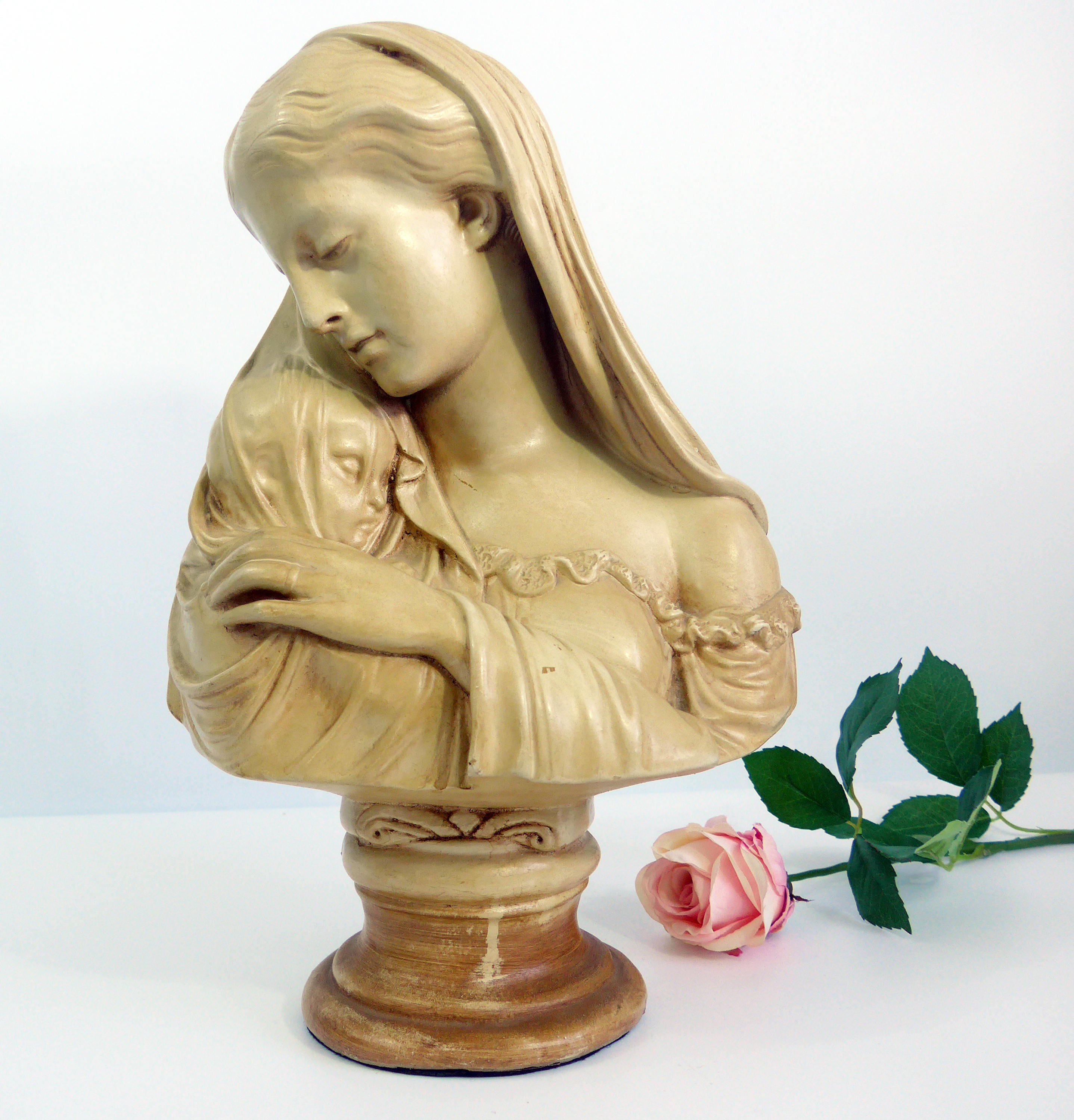 Large Marwal Bust Mary w/ Infant Jesus Vintage Chalkware Ivory