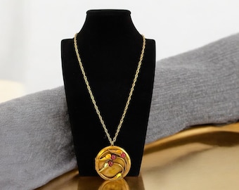 Vintage LARGE Round Locket Pendant on Long Chain - 2 Photo Wells Necklace w/ Red Cabochon Glass Accents Gold Tone Metal - Statement Jewelry