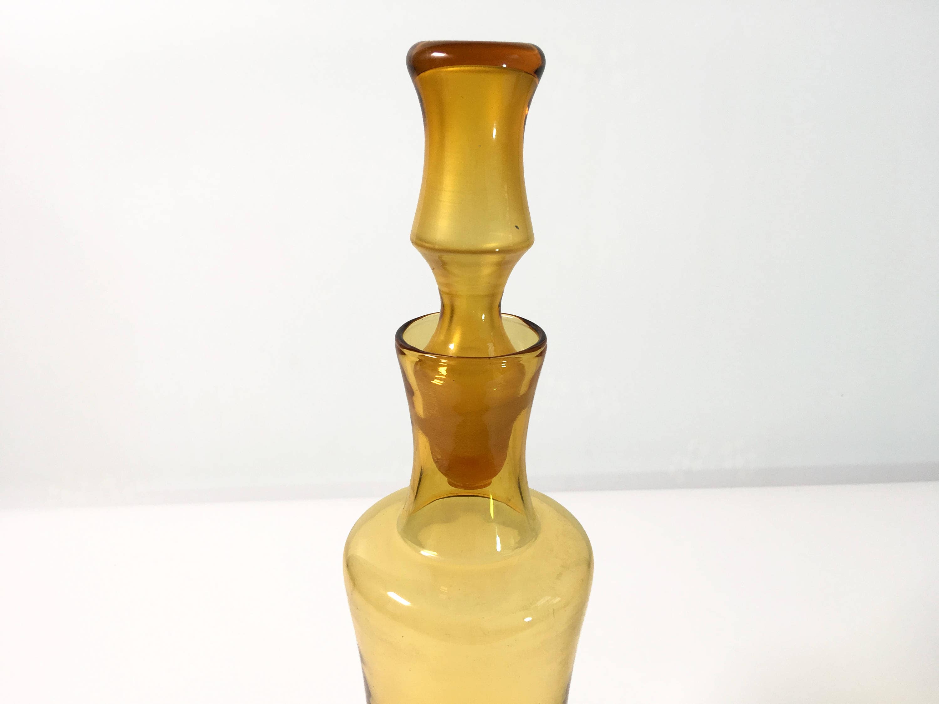 Amber Colored Vintage Glass Decanter Bottle with Tall Unique Stopper Retro Art Glass Mid