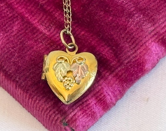Vintage Small 14K Gold Filled Two Tone Heart Locket Necklace w/ Applied Grapes & Leaves - 2 Photo Wells - Petite Little “Timeworn Treasure”