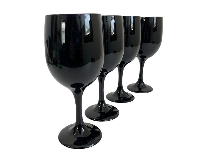 Vintage 4 Premiere Black Libbey Four Water Glasses - Large Mod Shaped Goblets - Retro Serving Stemware Entertaining Wedding