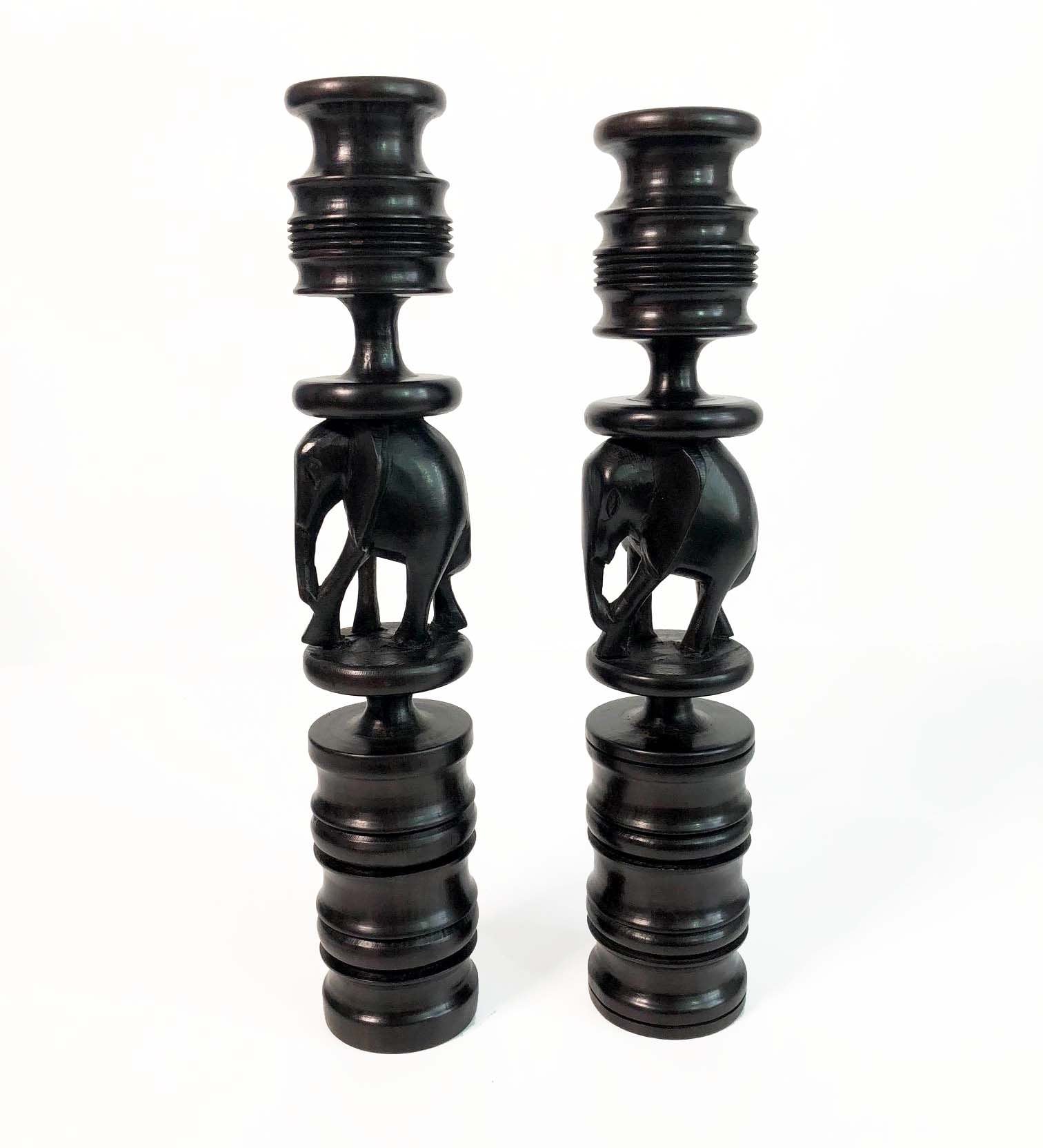 Vintage Ebony Candlestick Holders Set of 2 Pair of Dark Solid Wood