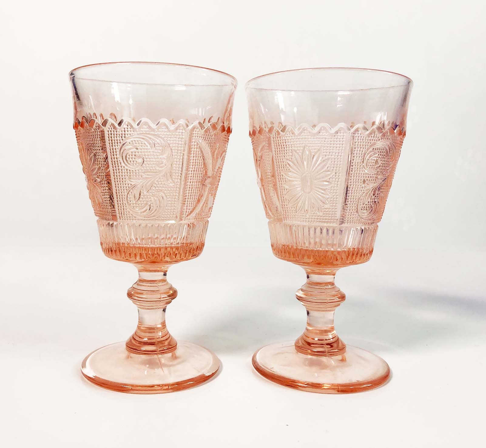 Blush Pink Wine Glasses Goblets Set of 2 Panel Design Vintage
