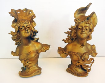 Pair Antique Art Nouveau Spelter Iffland Busts L'HIVER & L'ETE Franz Iffland C 1890 Pair Art Nouveau Statues Winter and Summer German Artist