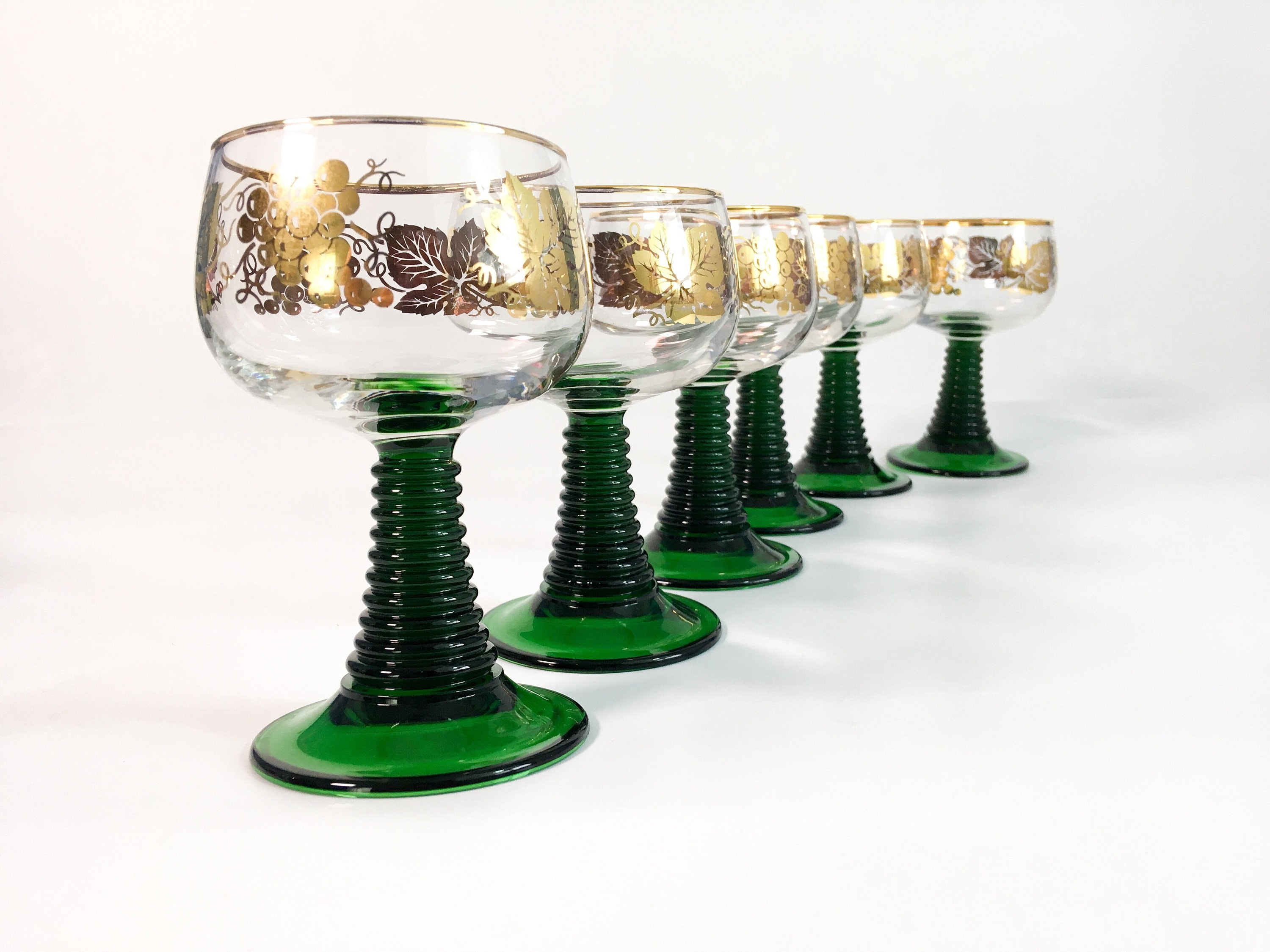 Set 6 Vintage Green Glass Stem Wine Glasses Red Wine Glasses White Wine  Glasses Vintage Wedding Gift 