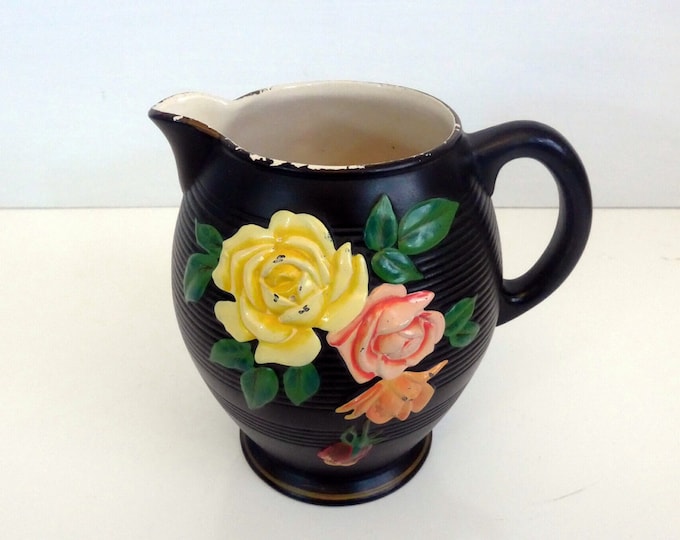 Black Pitcher Vintage or Antique Brentleigh Ware Kempton Windsor Pattern w/ Pink & Yellow Flowers - England 1920 / 1930