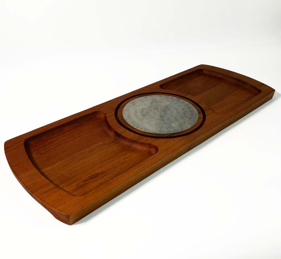 Vintage Teak Wood Lüthje Tray Serving Centerpiece Wooden Oval Square Mid Century Modern