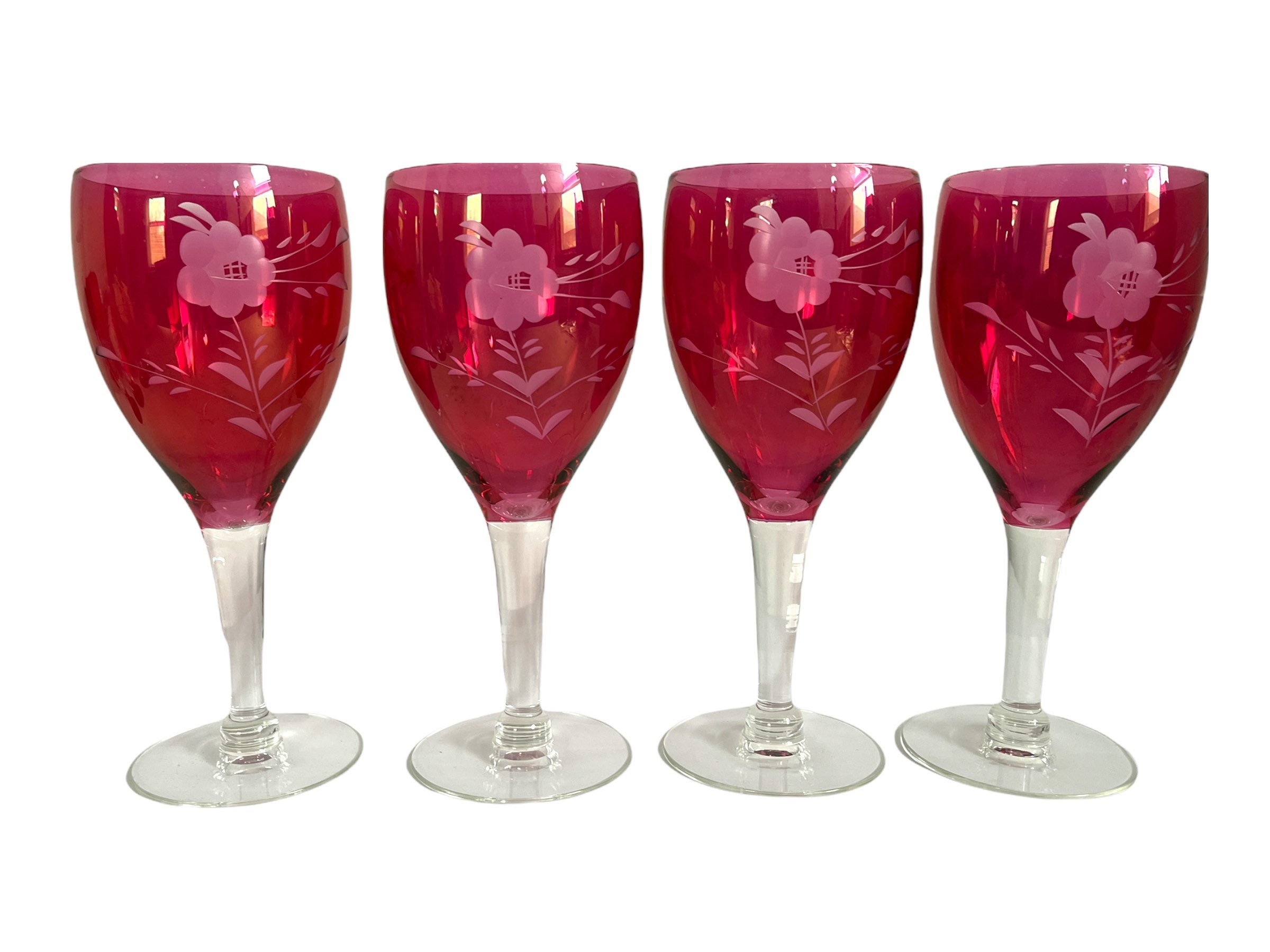 4 Red Etched Wine Glasses Goblets w/ Etched Floral Flower & Clear