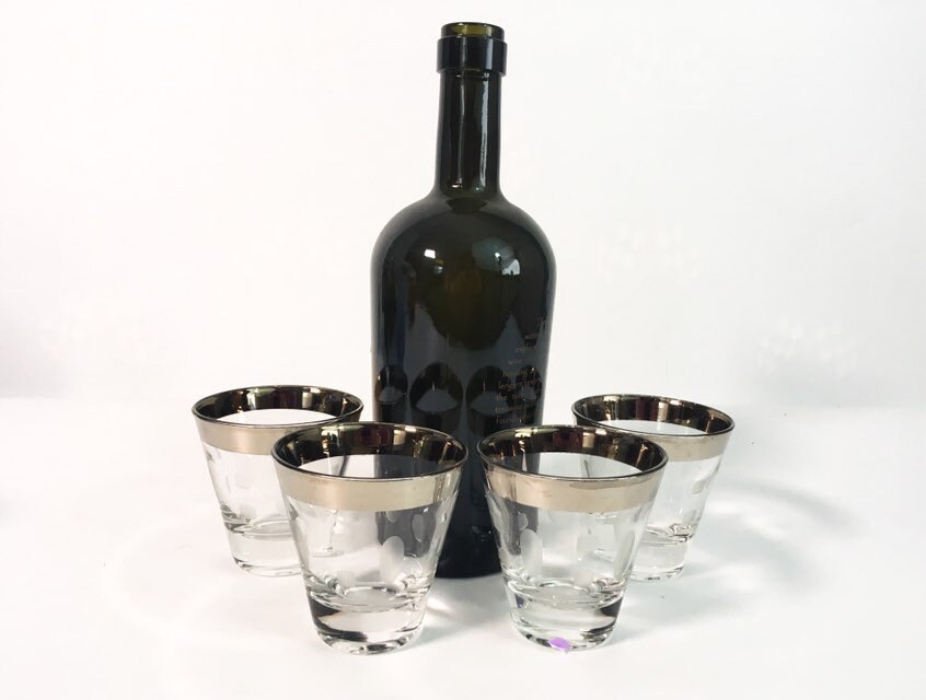 4 Vintage Etched Mid century Rocks Glasses 4 Retro Mad Men Era Silver