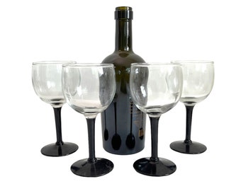 4 Vintage Black Stem & Clear Bowl Wine Glasses - Retro Set of Four Small Wine Glass Stemware Barware