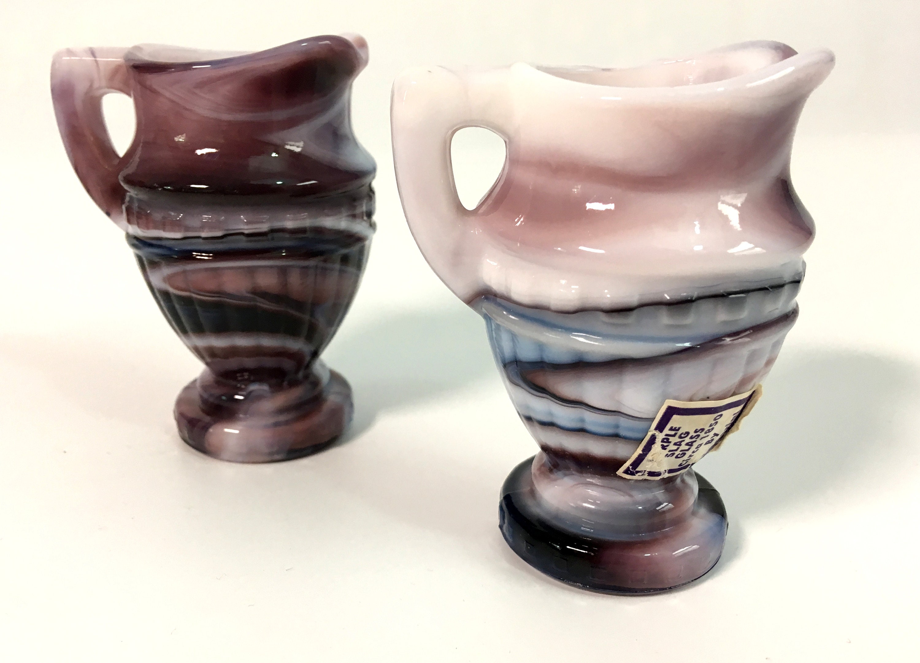 Vintage Imperial Purple w/ White Slag Glass Toothpick Holders 2