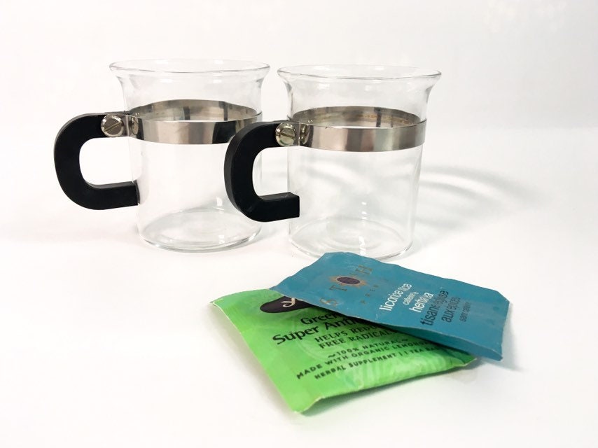 Vintage Pair Bodum Bistro Glass Mugs - 2 Glass Tea or Coffee Cup Black  Handle & Silver tone Band - 2 Mod Modern Retro Glass Beverage Cups