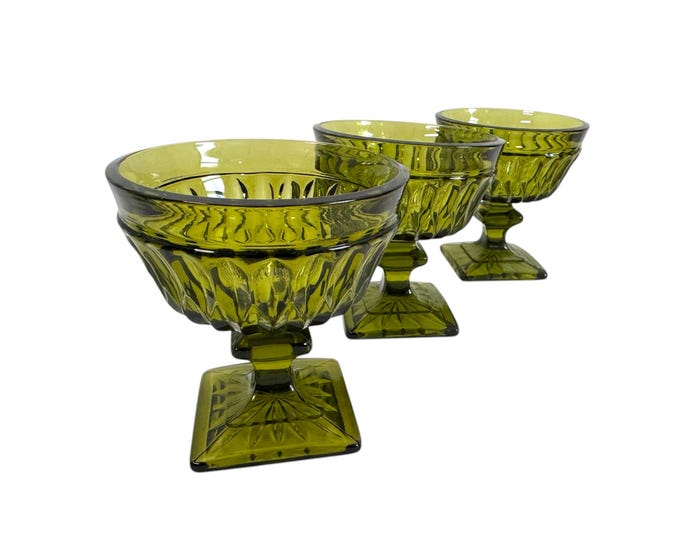 Vintage Champagne Tall Sherbet Glasses Indiana Glass Mt Vernon Green Avocado - Three Coupes w/ Square Base - Retro Barware Set of 3 Dining