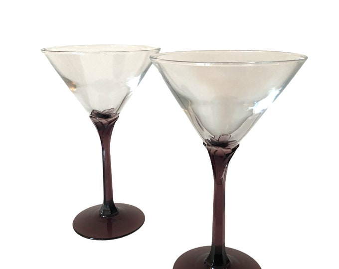 Pair of Purple Stem Martini Glasses - Set of 2 Libbey Domaine Domaine Pattern with Clear Bowl Petal Stemmed