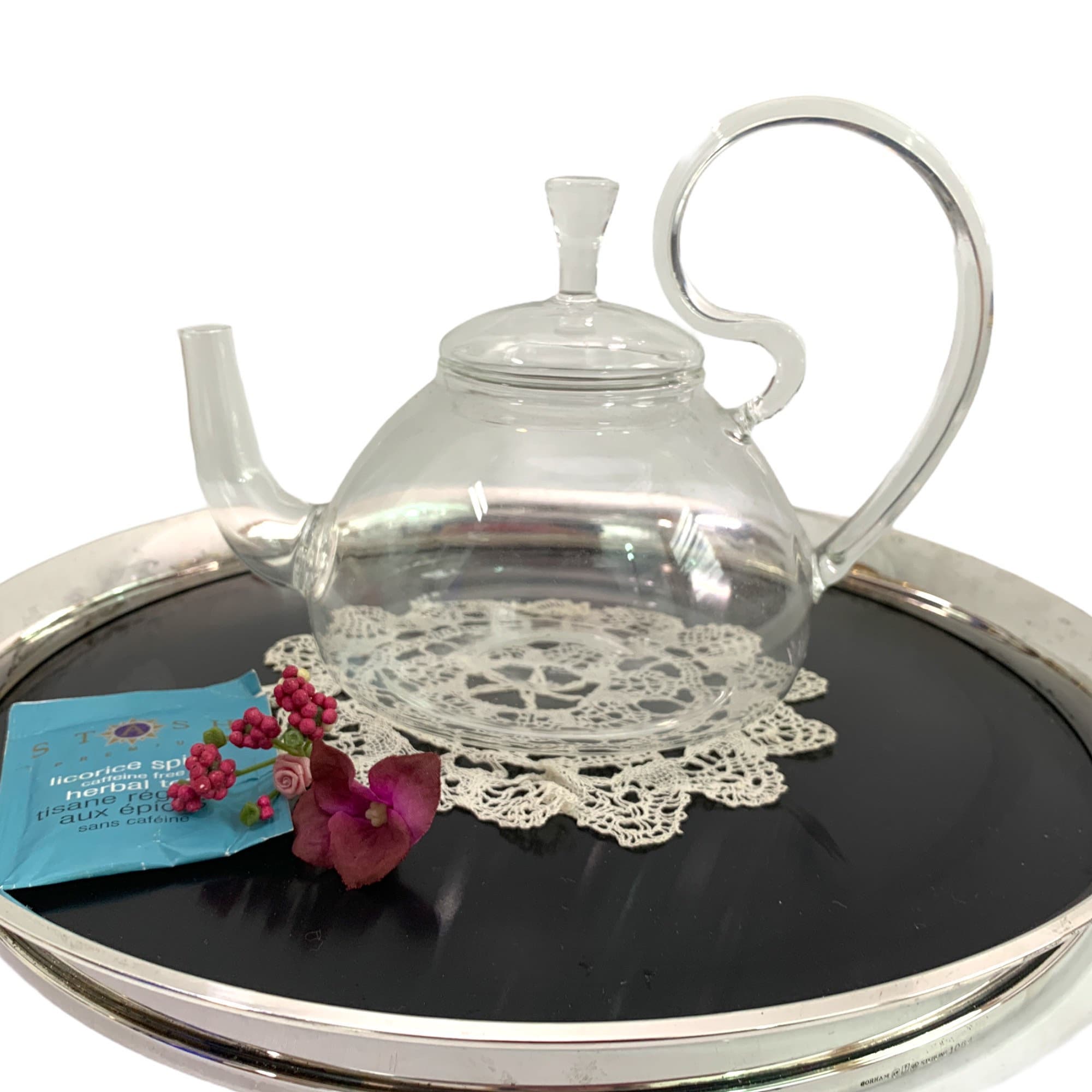 Easy Exotic Glass Teapot by Padme Lakshmi - Easy Exotic Clear Glass Tea pot  w/ Large Unique Handle - Kitchen Dining Serving