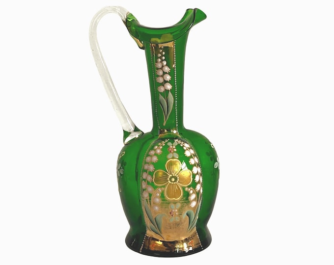 Vintage / Retro Elegant Bohemian Art Glass Pitcher - Emerald Green w/ Clear Handle & Gold Trim - Lily of Valley Flowers - Home Decor Display