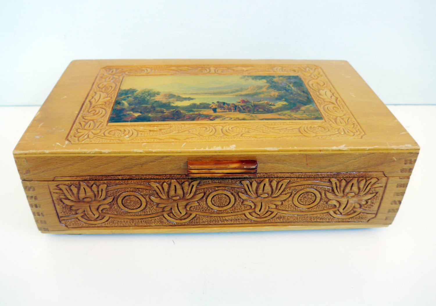 Vintage Oak Wood Jewelry Box w/ Mirror and Country Scene on Top