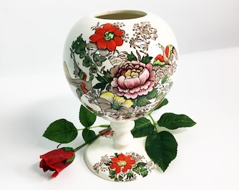 Vintage / Antique Maling Newcastle on TYNE England Ball Vase - Rose & Birds on Ivory Chintz Pattern - Pedestal - Retro Pottery Bulbous Vase