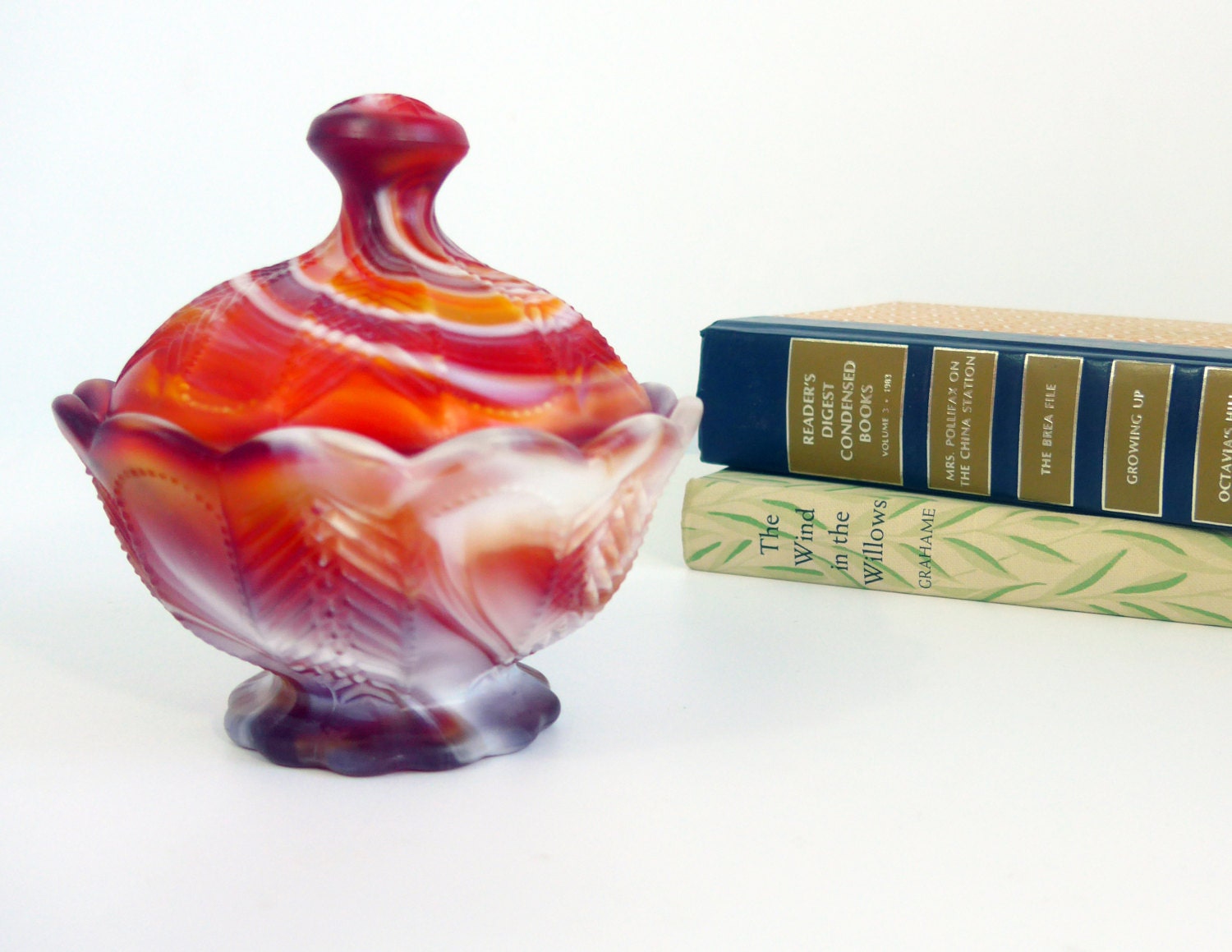 Authentic Imperial Glass Ruby Slag Round Candy Dish & Cover Feather