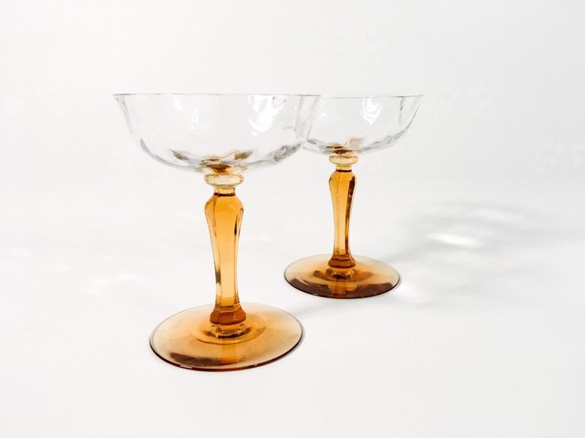 Vintage Pair Champagne Coupe Glasses w/ Amber Base & Clear Optic Bowl
