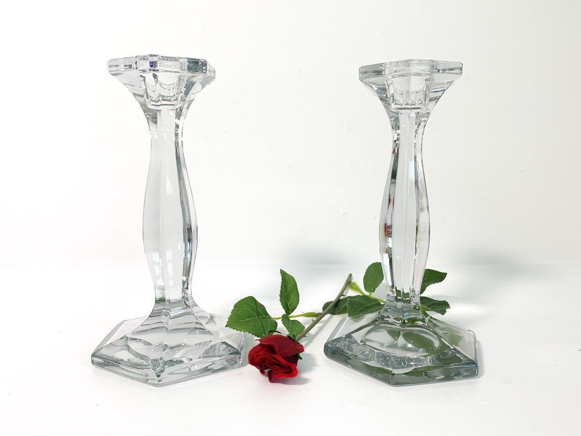 Pair Heisey Candlestick Holders Two Glass Candlesticks 2 Etsy
