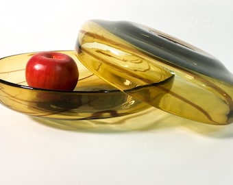 Pair Art Glass Bowls 1970s Home Decor - 2 Heavy Amber Glass w/ Dark Red Swirls