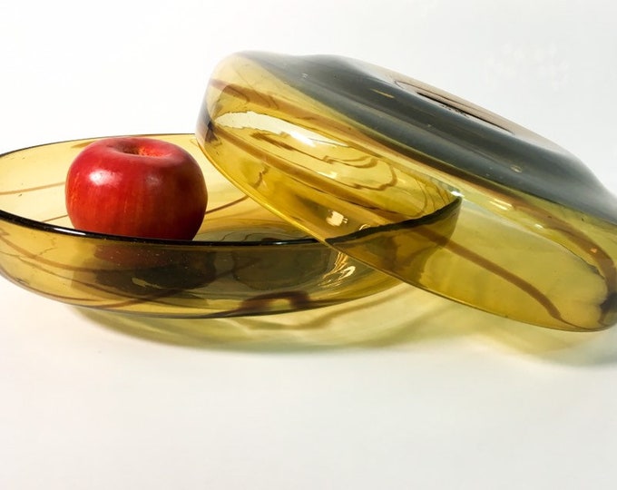 Pair Art Glass Bowls 1970s Home Decor - 2 Heavy Amber Glass w/ Dark Red Swirls
