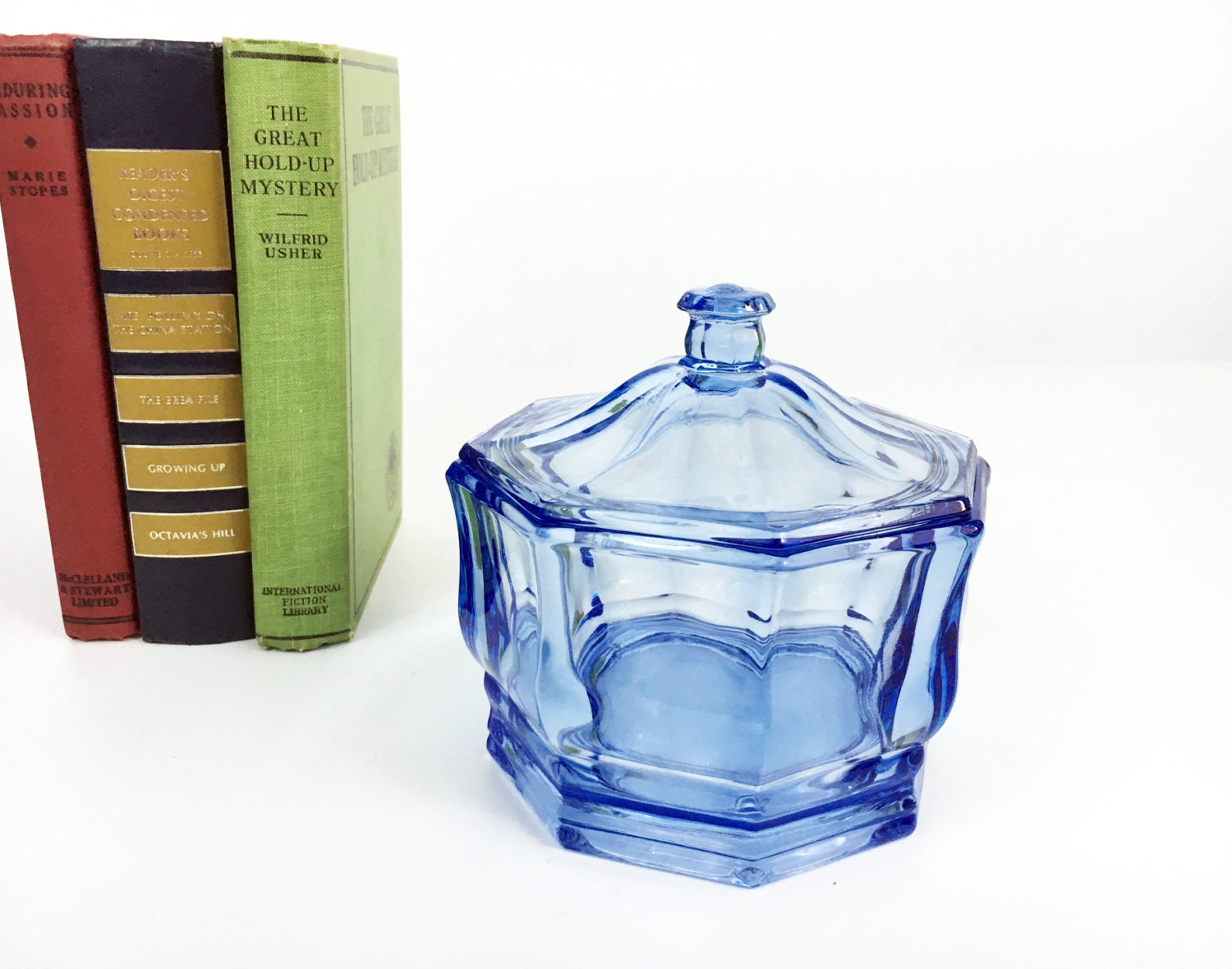 Vintage Heavy Light Blue Glass Candy Apothecary Jar with Lid Storage