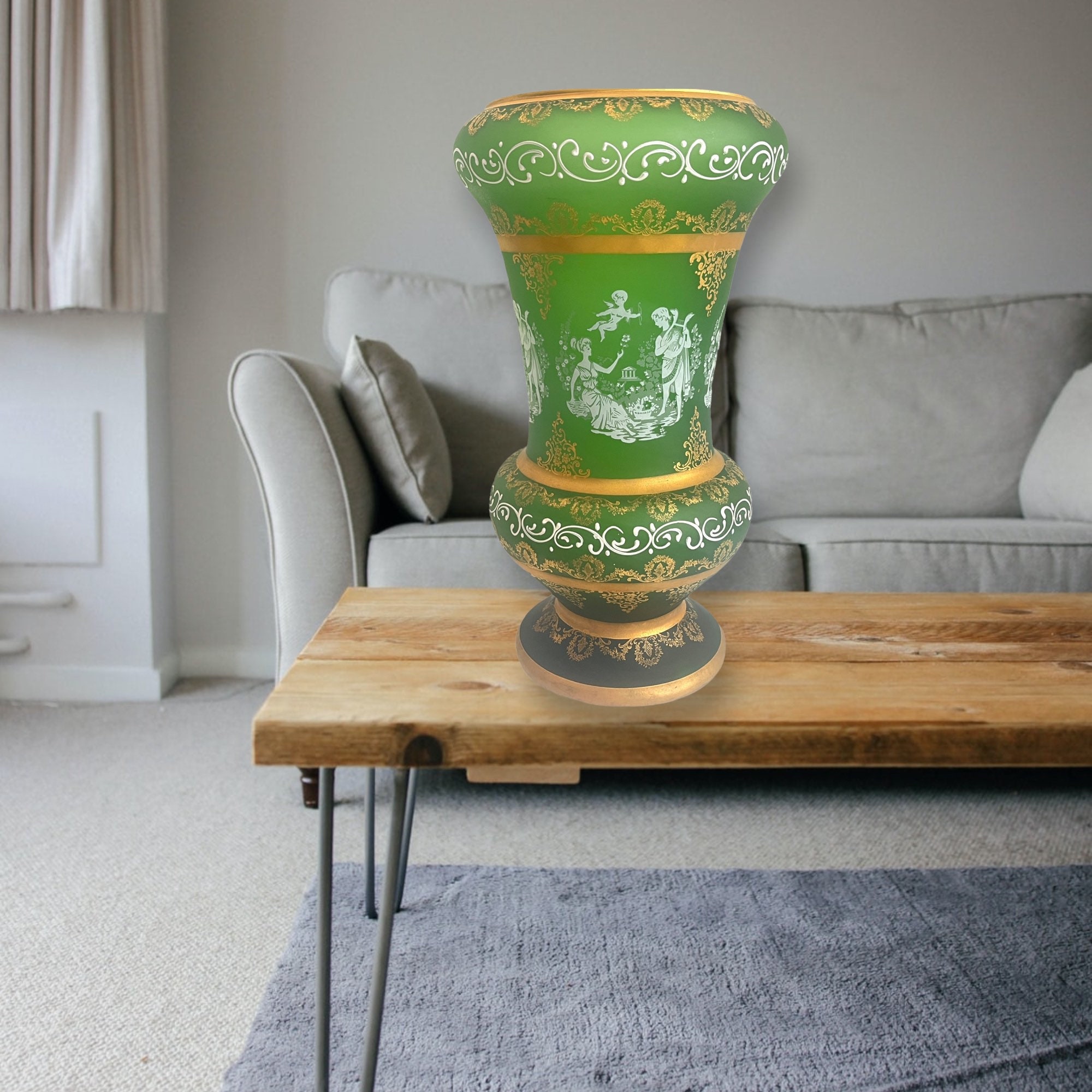 Extra Large Art Glass Vase Vintage Green Painted Glass Vase w/ Gold