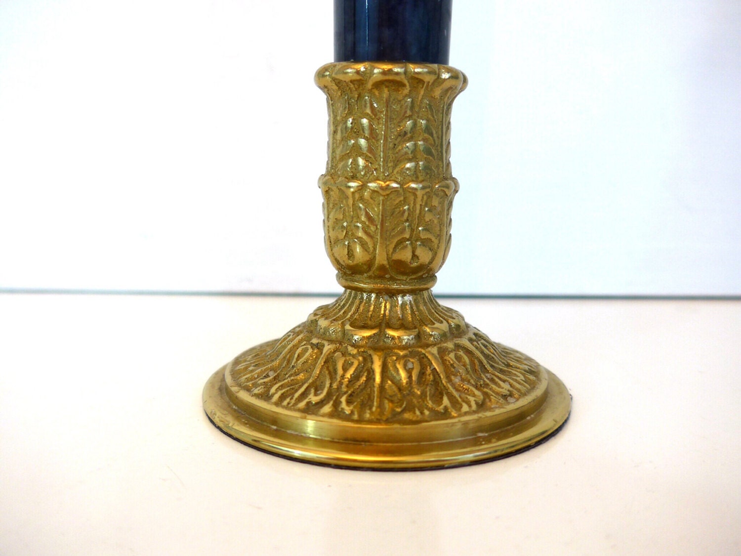 Vintage Brass w/ Blue Marble Candlestick Holder Tall Dark Blue Marble