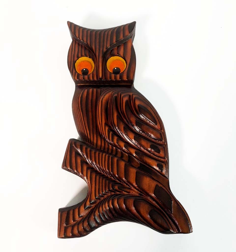 Vintage Wood Owl Green Mountain Wooden 1970s Wall Hanging Kitsch