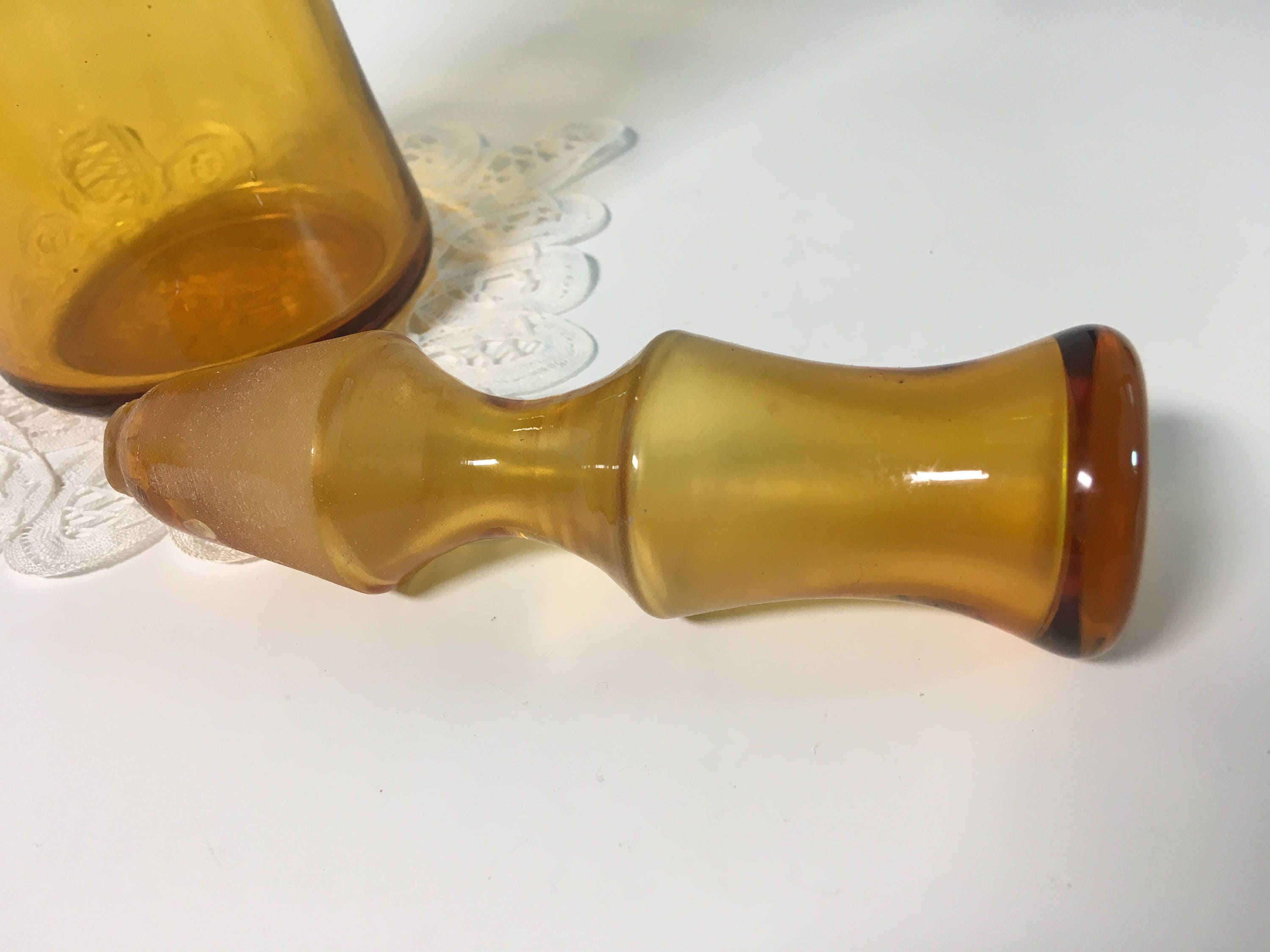 Amber Colored Vintage Glass Decanter Bottle with Tall Unique Stopper Retro Art Glass Mid