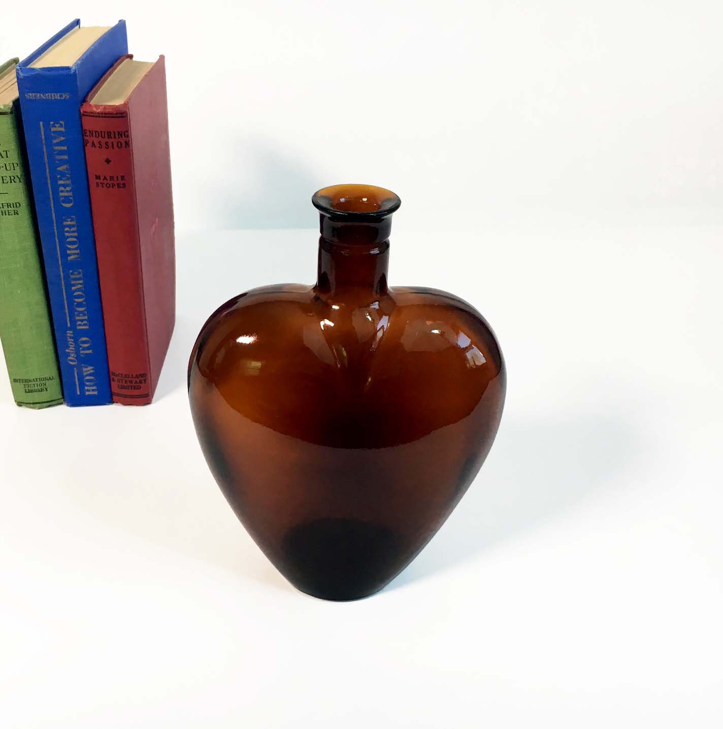 Vintage Amber Brown Heart Glass Bottle Vase or Liquor Decanter Home