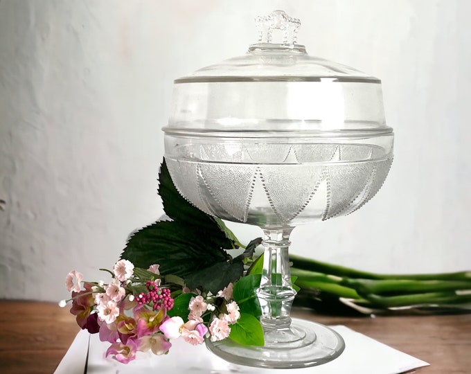 Antique EAPG Clear Glass Pedestal Bowl w/ Ornate Finial on Lid - Covered Lidded Compote w/ Raised Bead Design ca Late 1800s