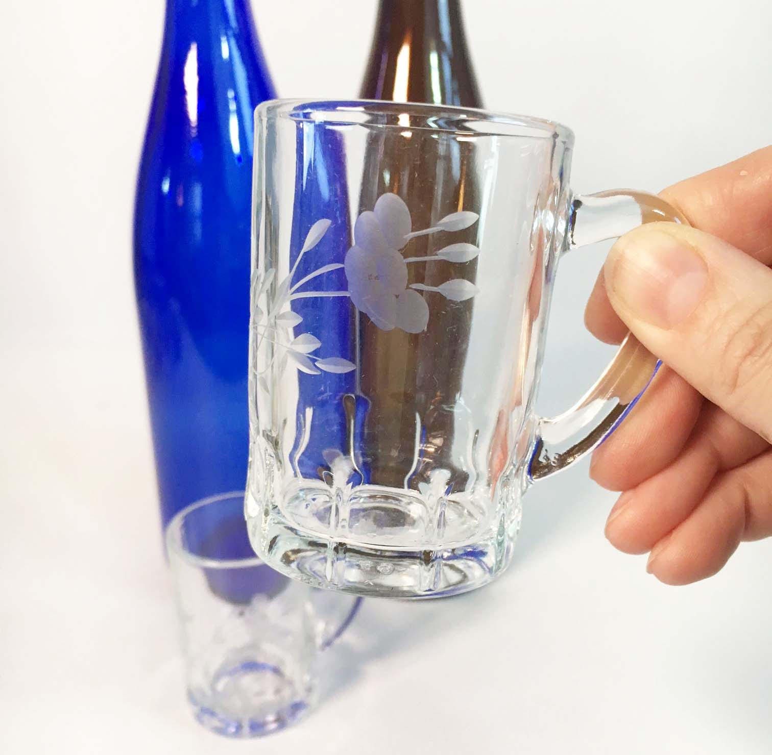 Set of 2 Vintage Etched Glasses with Handle Pair of Handled Shot