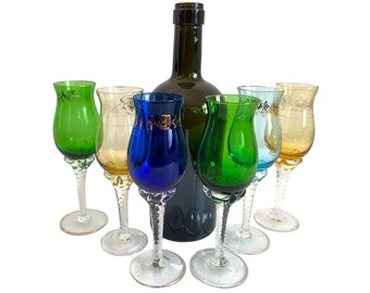 6 Vintage Multi Color Cordial Cocktail Liquor Small Wine Glasses w/ Clear Twisted Stems - Set Six Retro Barware Stemware
