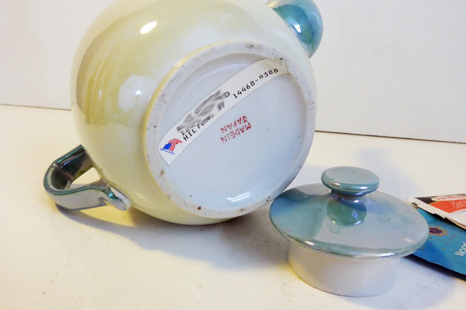 Vintage Lusterware Teapot Japan Turquoise w/ Windmill Hand painted