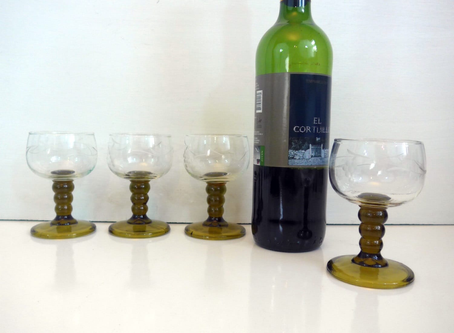 4 Vintage Roemer Austrian Wine Glasses Set of 4 Green Stem Clear Bowl