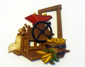 Vintage Homco Country Cottage Wall Decor - Corn Sheller and Bag - Farming Mid Century Wall Hanging Dated 1976 - Country Chic Decor