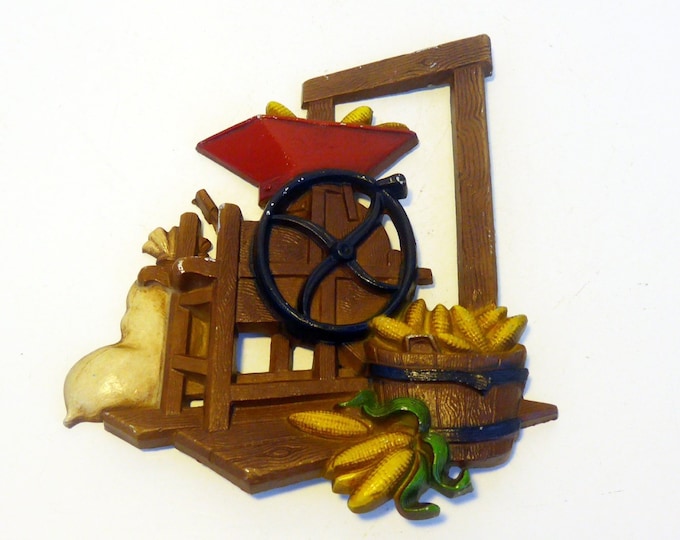 Vintage Homco Country Cottage Wall Decor - Corn Sheller and Bag - Farming Mid Century Wall Hanging Dated 1976 - Country Chic Decor