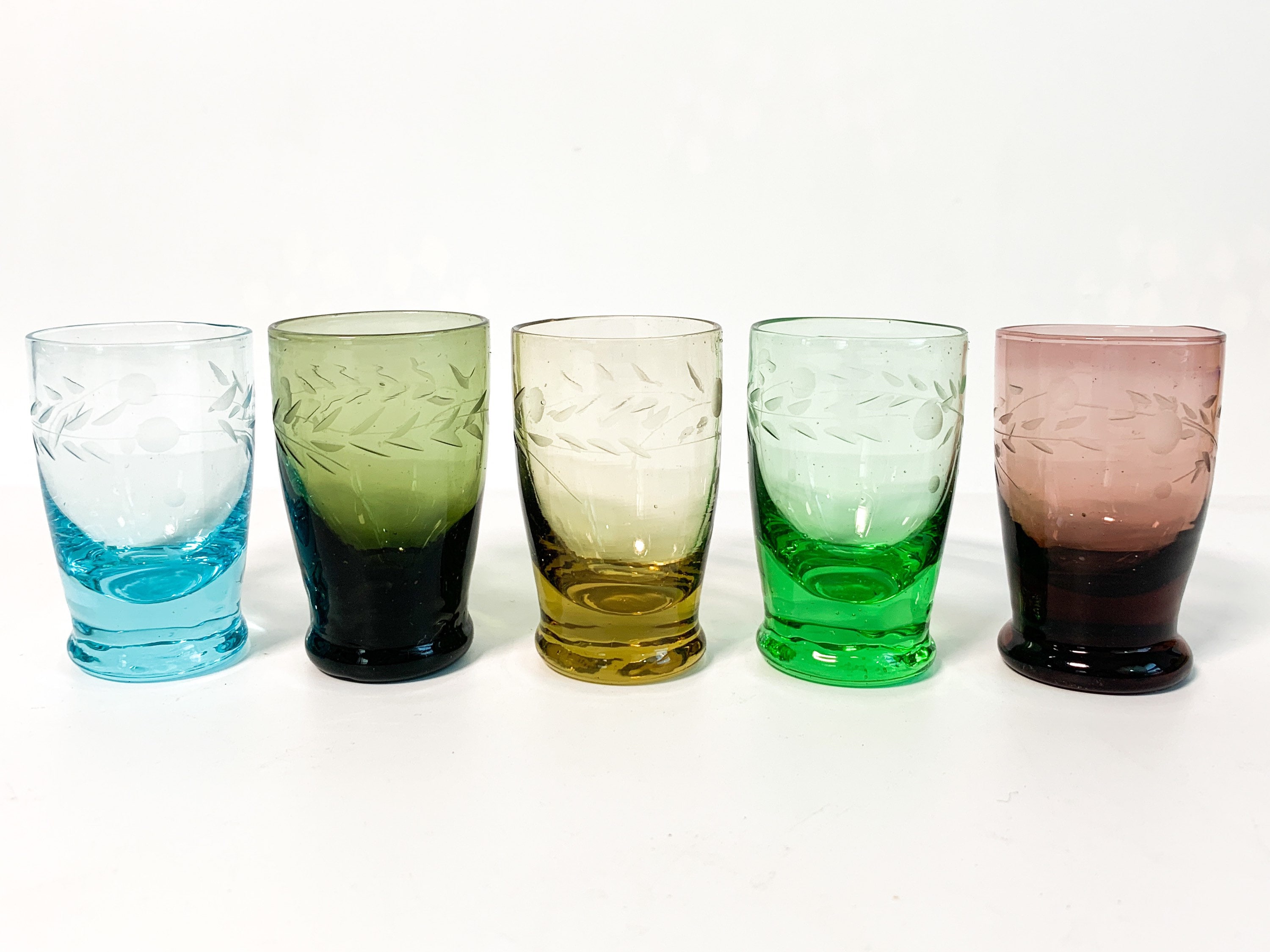 5 Vintage Etched Cordial Multi Colored Glasses 5 Etched Hand Blown Glass Shot Or Cocktail Glasses